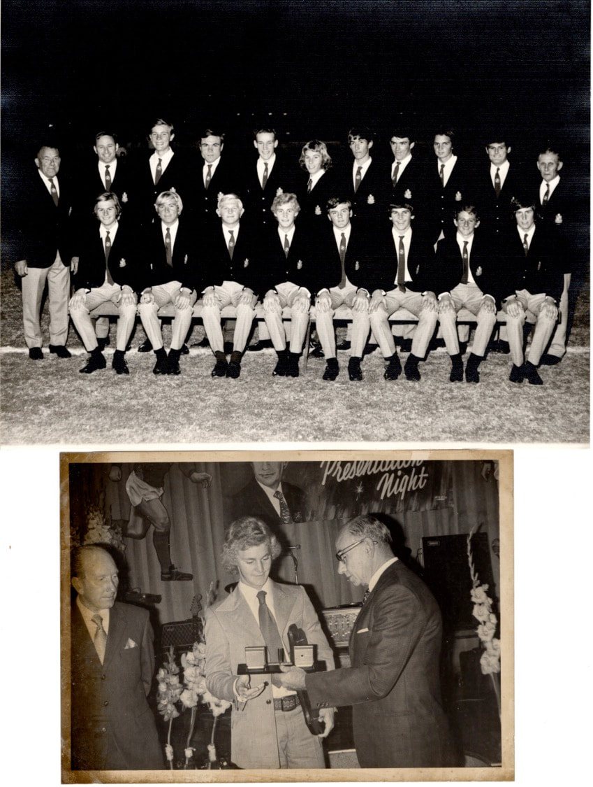 Representative team in blazers and a presentation photo from Peter Stone's early years, including Adamstown