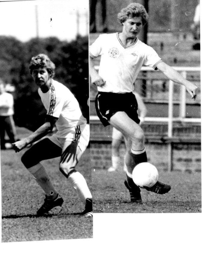 Two action shots of Peter Stone on the ball as a midfielder