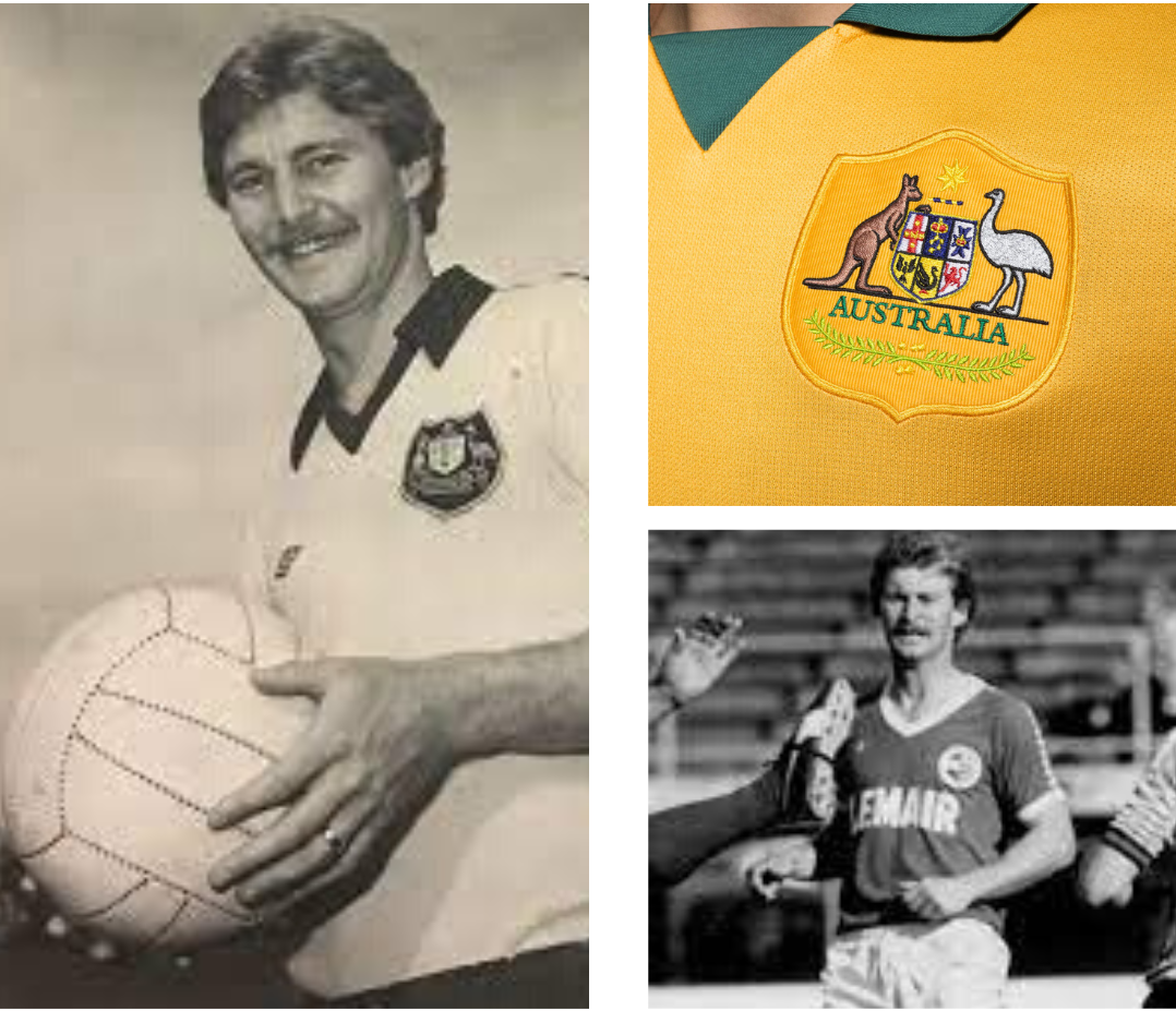Peter Stone holding a football in his Australia shirt, beside the Socceroos crest and a club action photo