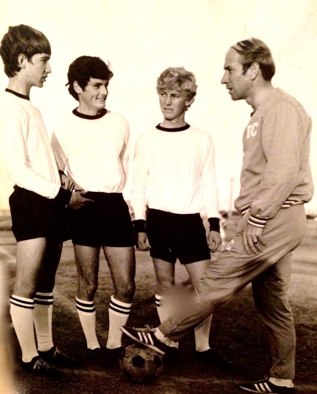 A young Peter Stone and two junior teammates with England great Bobby Charlton